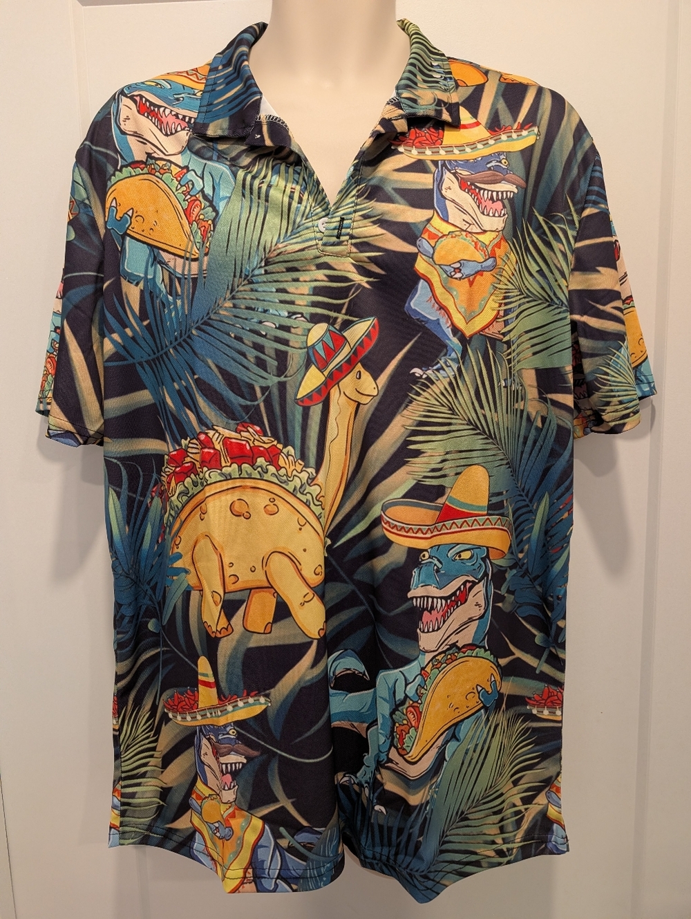 Men's Extra Large Polyester Shirt Featuring Dinosaur Tacos.